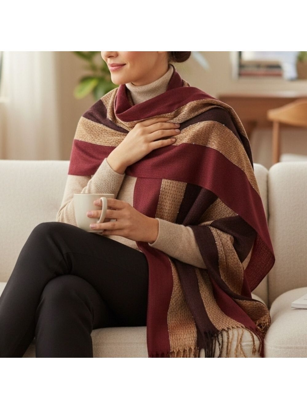 Burgundy & Gold Pashmina Shawl Silk Blend  Sequin Accents